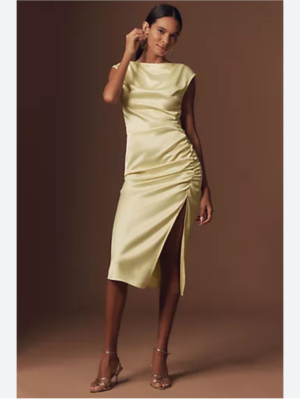 BHLDN Anthropologie Francesca High Neck Stretch Satin Midi Dress Cream Formal XL